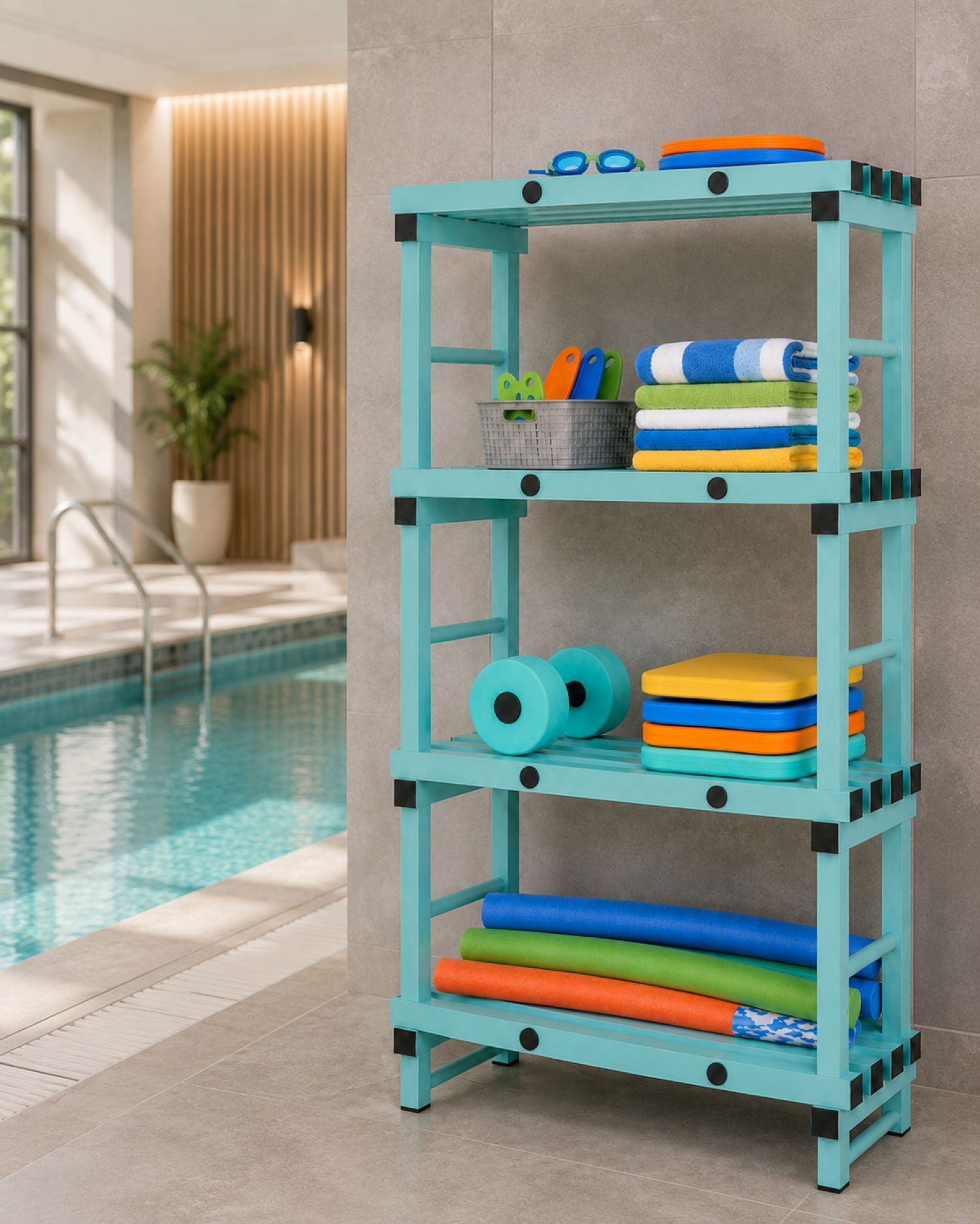 Rayonnage PVC professionnel 4 niveaux pour piscine et collectivité